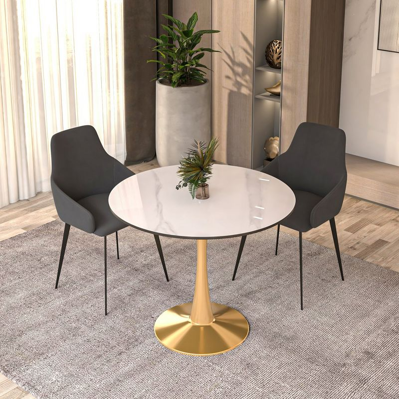 LeisureMod Bristol 35" Round Dining Table – Sintered Stone Top Accent Café Table & Sturdy Steel Gold Pedestal Base for Kitchen and Small Spaces