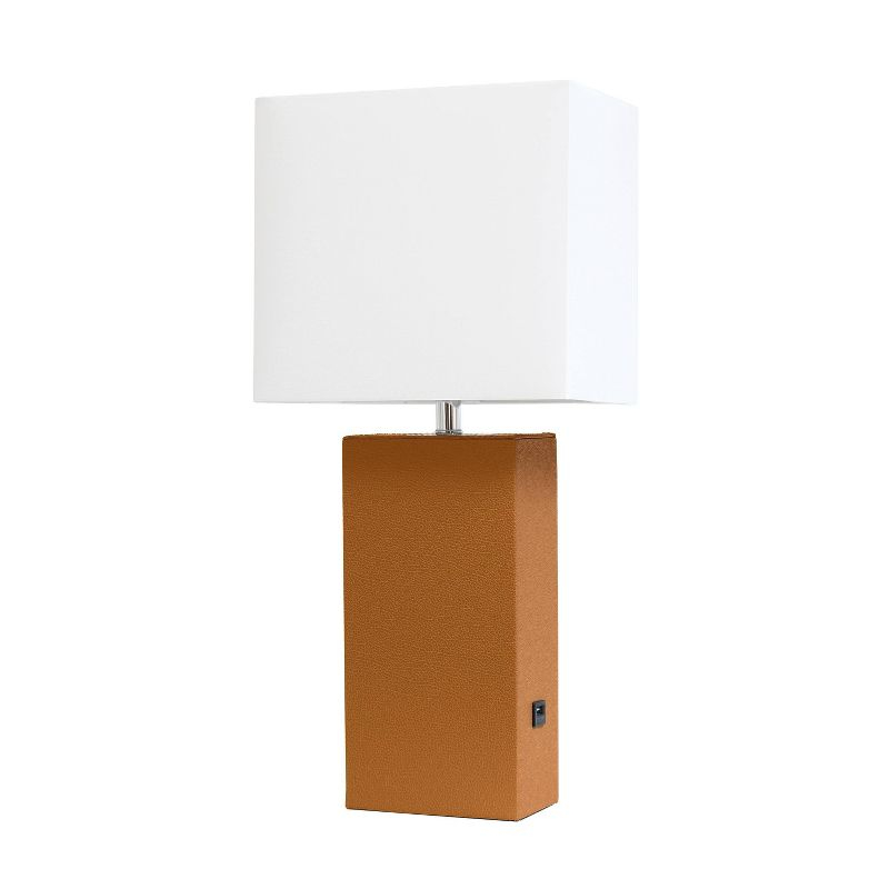 21" Lexington Leather Base Modern Home Decor Bedside Table Lamp with USB Charging Port and Fabric Shade Tan/White - Lalia Home: No Assembly