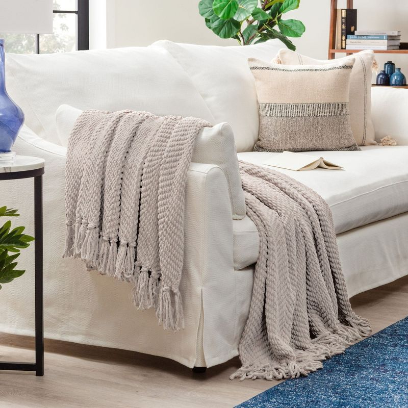 Chanasya Textured Knit Throw Blanket with Tassels - 50" x 65” - Taupe
