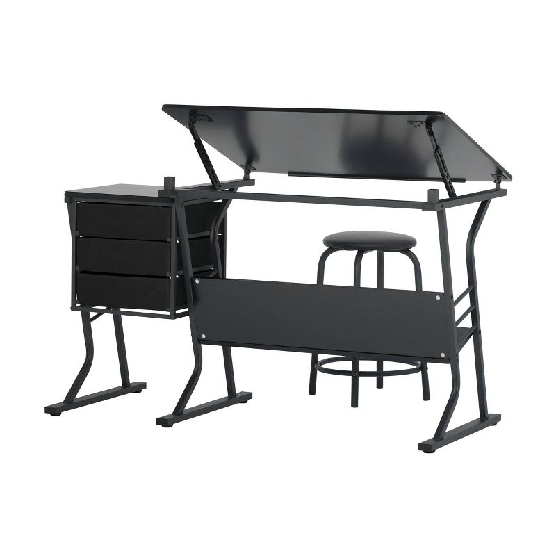 Studio Designs Home 2pc Eclipse Ultra Center/Drawing Table with Angle Adjustable Top, Storage Shelf, and Drawers with Padded Stool Set Black