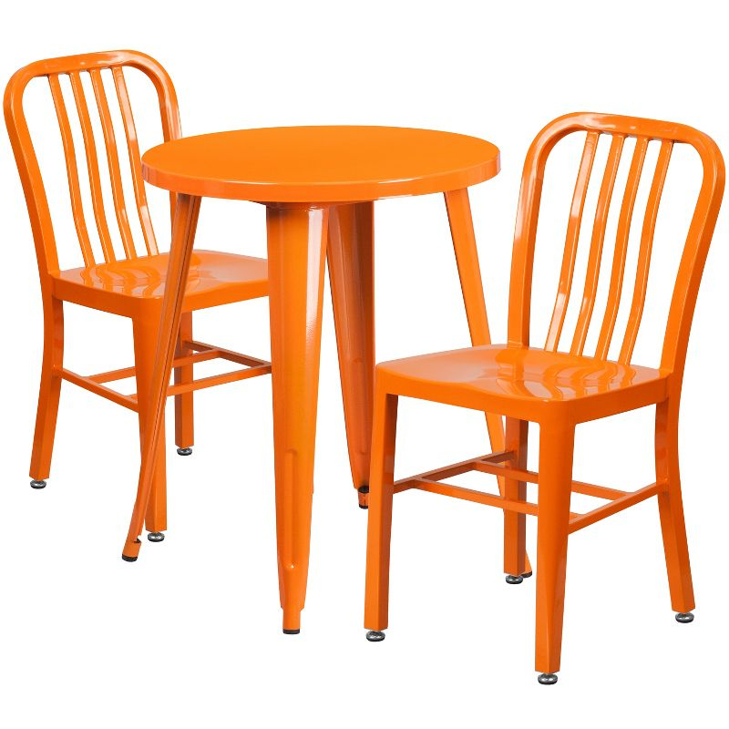 Flash Furniture Commercial Grade 24" Round Orange Metal Indoor-Outdoor Table Set with 2 Vertical Slat Back Chairs