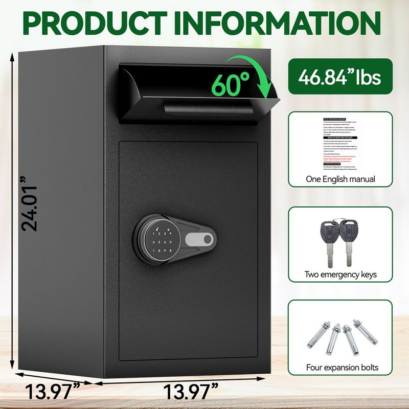Depository Drop Safe, Anti-Theft Money Drop Slot Safes with Digital Keypad and Spare Keys, Heavy Duty Money Safe Box for Home Office