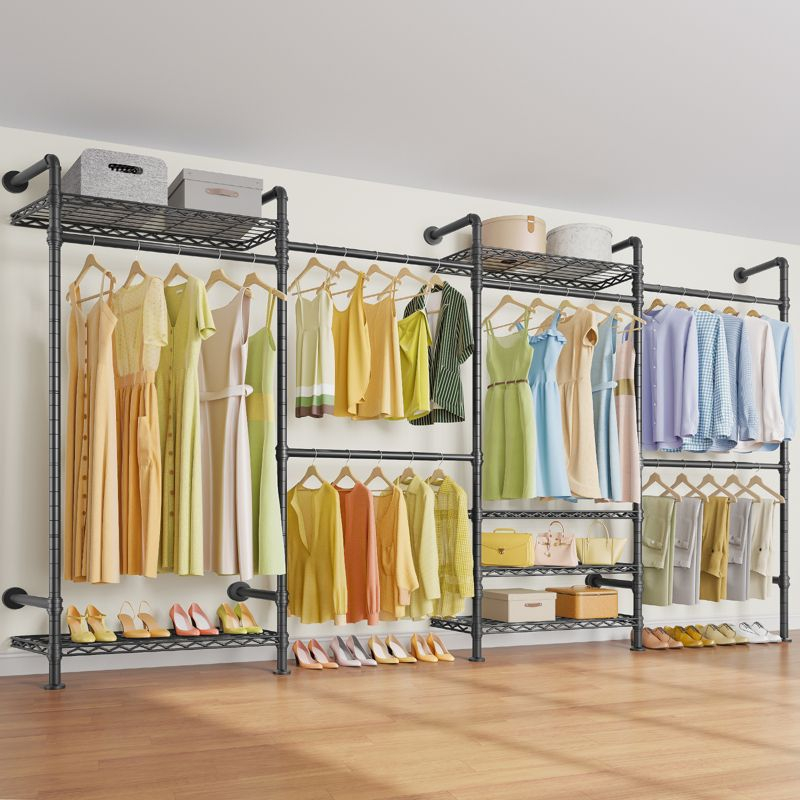 Timate F4 Wall Mounted Clothes Rack Industrial Pipe Clothing Rack , Expandable Garment Rack Heavy Duty Wardrobe Closet, Adjustable Closet, Black