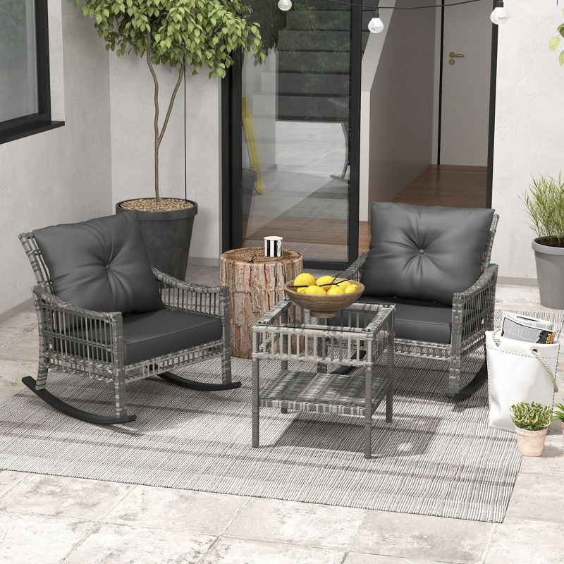 Outsunny Wicker Outdoor Rocking Chair Set, 3 Piece Patio Furniture Set with Padded Cushions and Storage Table, 2-Seater Rattan Bistro Set, Gray