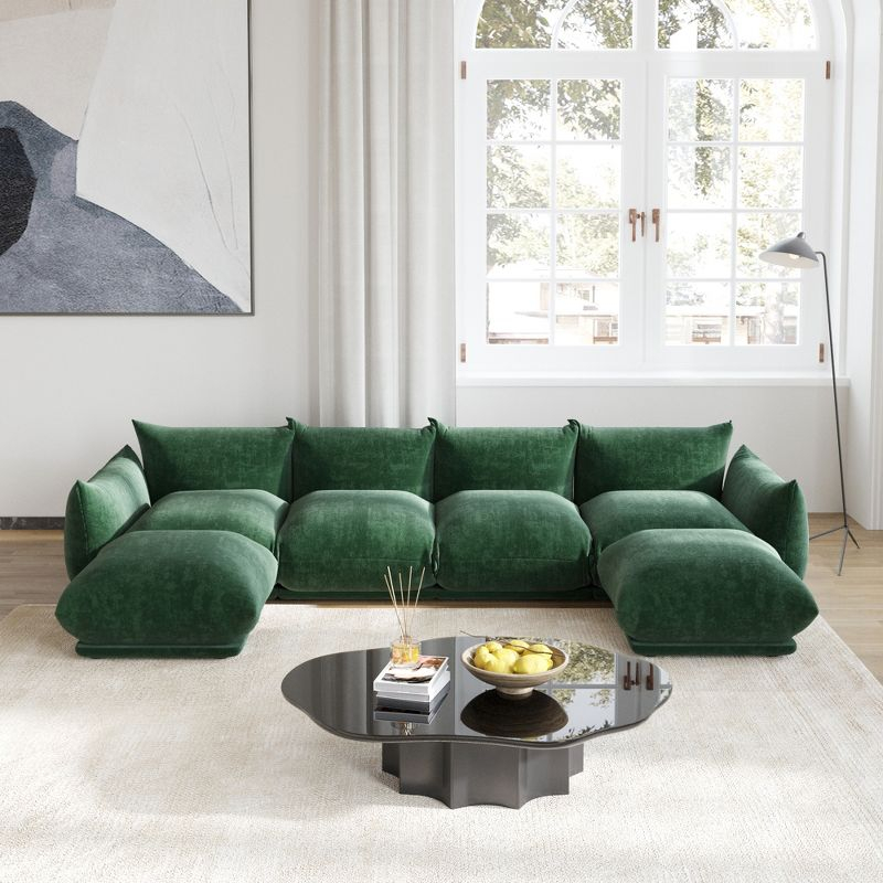 U-Shaped Sectional Sofa,Chenille Minimalist Modular Sofas Couches,6-Seater Sectionals Couch with Wide Reversible Chaise Ottoman for Living Room ,Green