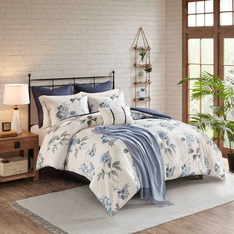 Madison Park King/California King 7pc Benita Print Seersucker Comforter Set with Throw Blanket Blue: Polyester Fill, Farmhouse Style