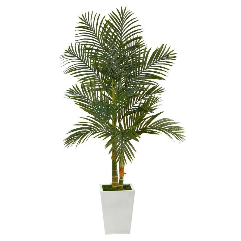 Nearly Natural 5.5-ft Golden Cane Artificial Palm Tree in White Metal Planter