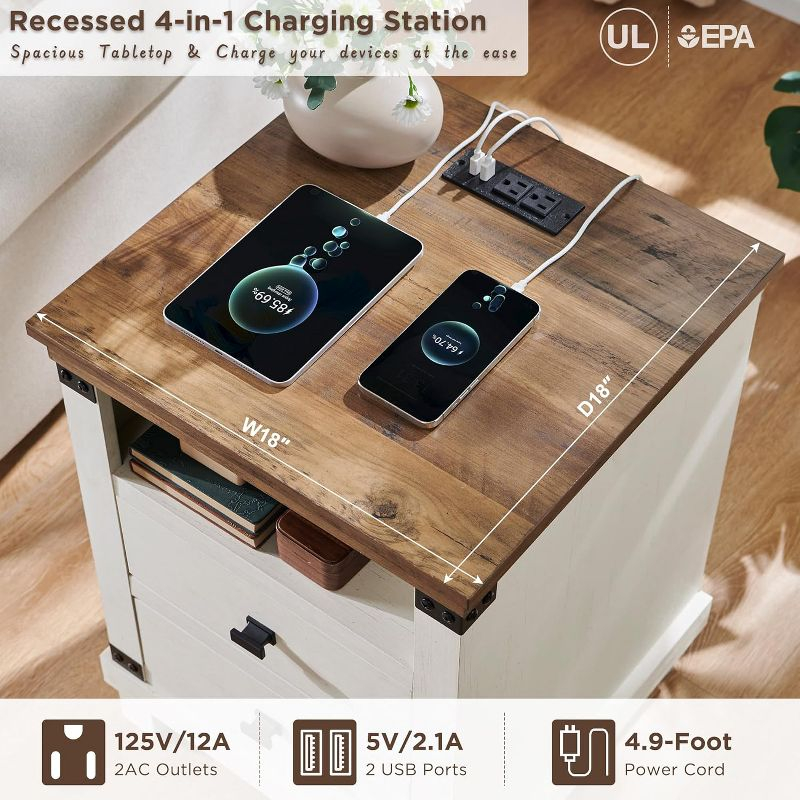 SinCiDo Nightstand with Charging Station, 18″ Farmhouse Night Stand with 2 Drawers, Wood Rustic End Table, Antique White