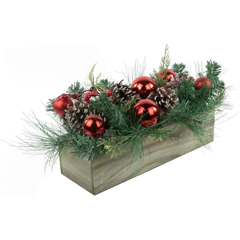 Northlight Mixed Pine and Red Ornaments Artificial Christmas Arrangement in Wood Planter - 24"