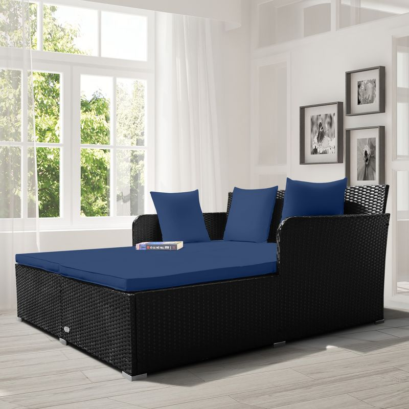 Costway Outdoor Patio Rattan Daybed Pillows Cushioned Sofa Furniture Navy