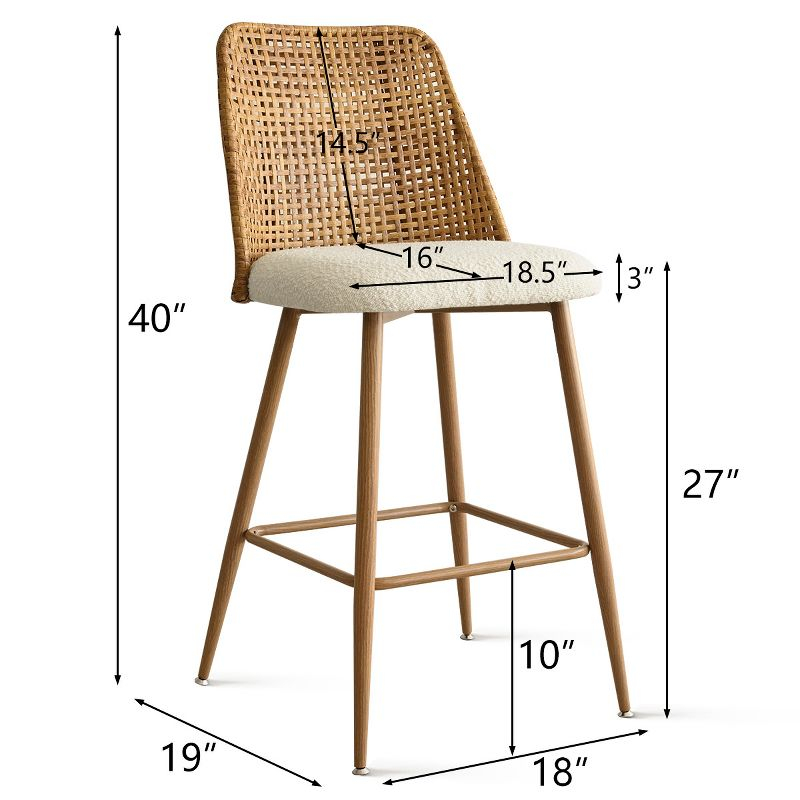 Nice Boucle Counter Stool Set Of 2,Beige Upholstered Rattan Counter Stool,27 Inch Stools With Back for Kitchen Island-Maison Boucle