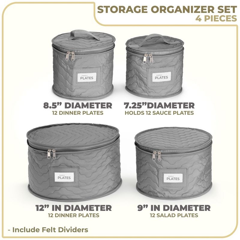 Sorbus 4 Piece Quilted China Dinnerware Storage Cases - for Dinnerware, Plate Organizer (Gray)