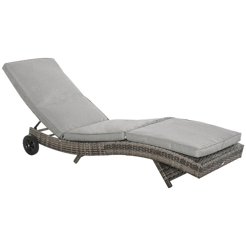 Outsunny Patio Wicker Chaise Lounge Chair, Outdoor PE Rattan Sun lounger w/ 5-Level Adjustable Backrest & 2 Wheels for Easy Movement, Mixed Gray
