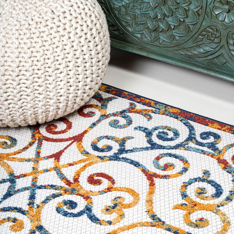 3'x5' Atrani Scroll Trellis Indoor/Outdoor Area Rug, Cream/Blue/Red - JONATHAN Y