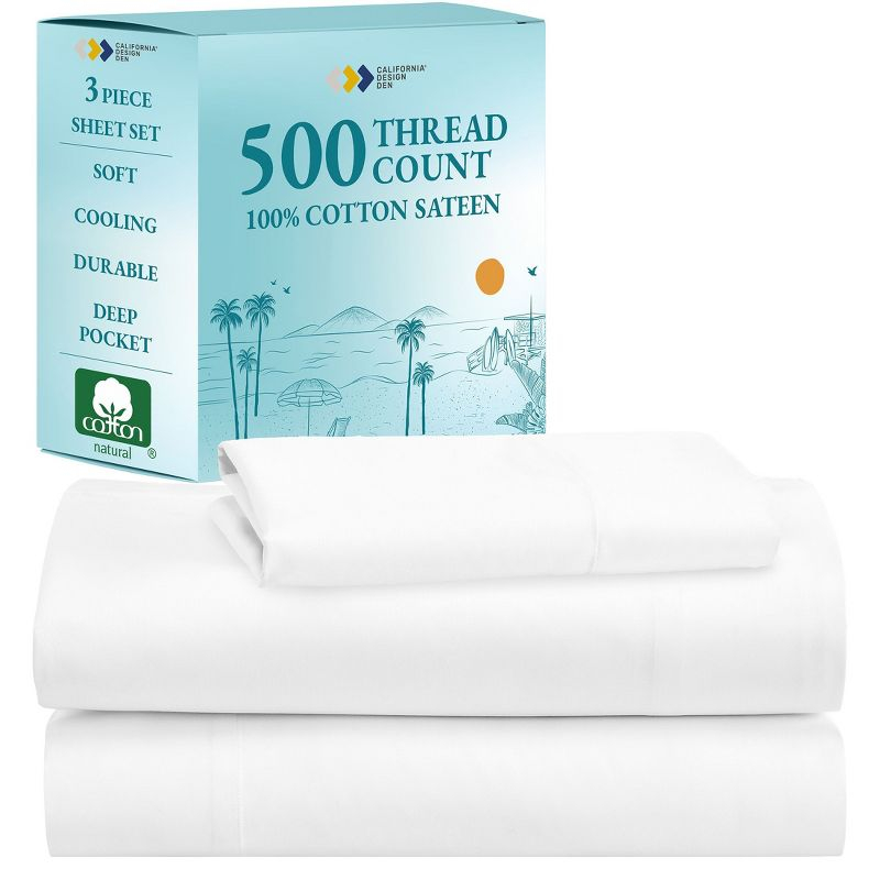 Pure White -Twin XL Sheet Set, 100% Extra Long Staple, 500 Thread Count Sateen Weave, 3 Piece Set, California Design Den