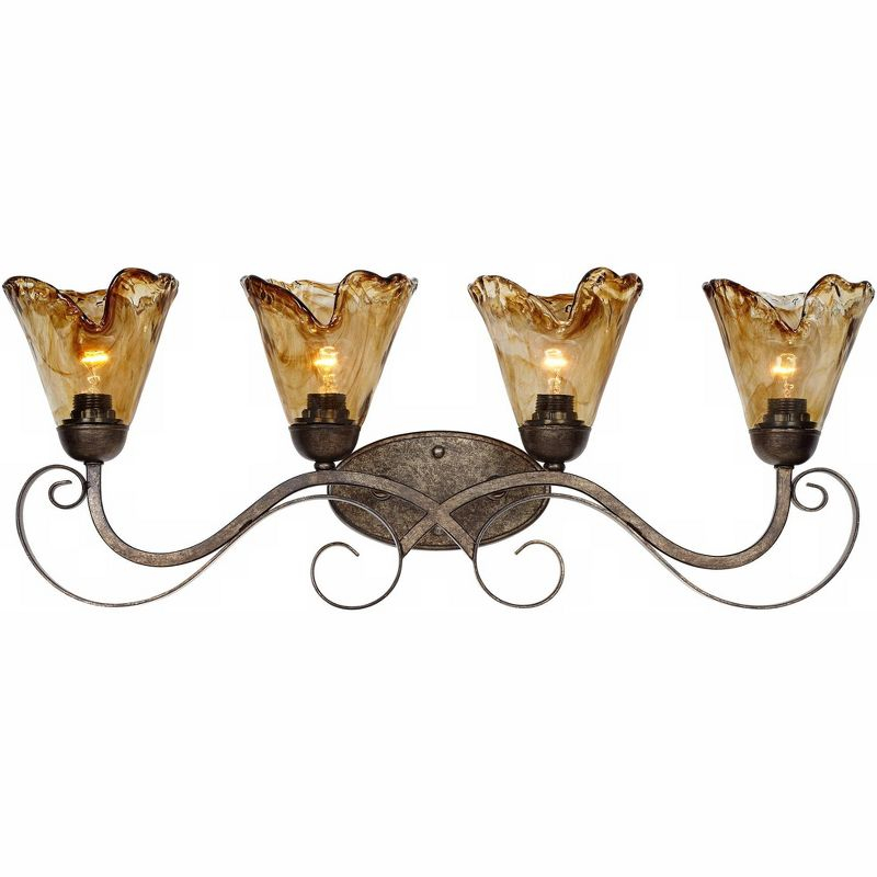 Franklin Iron Works Amber Scroll Rustic Wall Light Golden Bronze 29 1/2" Art Glass Fixture for Bedroom Bathroom Vanity Reading Living Room Hallway