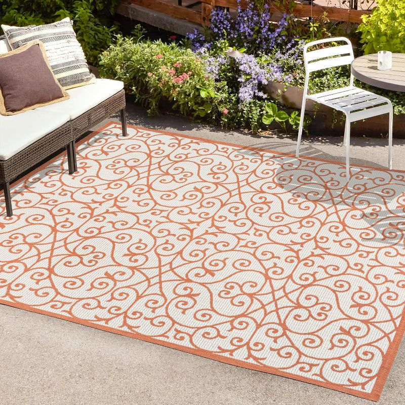 4' x 6' Madrid Vintage Filigree Textured Weave Indoor/Outdoor Area Rug, Cream/Orange - JONATHAN Y