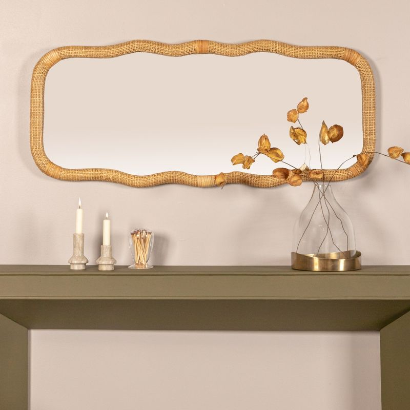 Storied Home Wavy Rectangle Handwoven Rattan Cane Wall Mirror, Natural