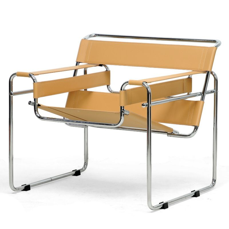 Baxton Studio Jericho Leather Mid Century Modern Accent Chair Tan: Chrome Finish, No-Mar Feet, Fully Assembled