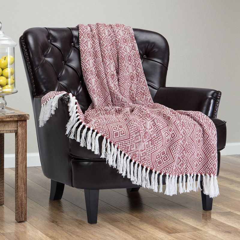 Chanasya Multi Diamond Cotton Throw Blanket With Tassels - (50x65 Inches) Rust
