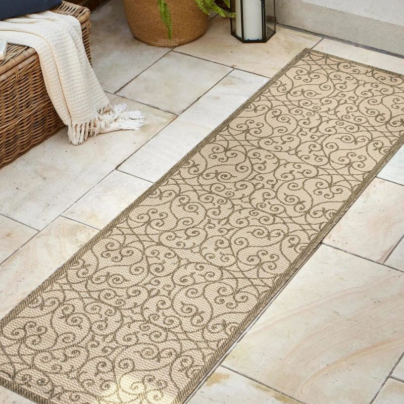 2'x8' Madrid Vintage Filigree Textured Weave Indoor/Outdoor Runner Rug, Beige/Brown - JONATHAN Y