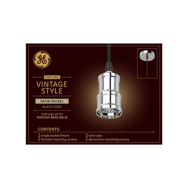 GE Vintage Style Pendant Fixture Satin Nickel: Light Socket Adapter, 5 Year Warranty, Plastic, 5.117" Height, 0.65 lbs