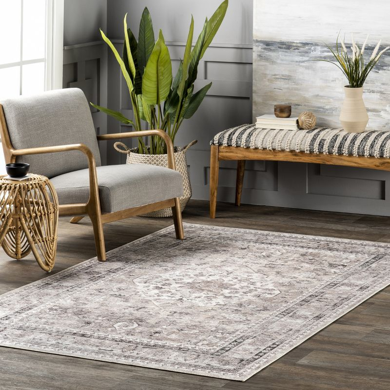 Nuloom Davi Medallion 5x8 Spill Proof Machine Washable Indoor Area Rug for Living Room Bedroom Dining Room Kitchen, Stone/Ivory