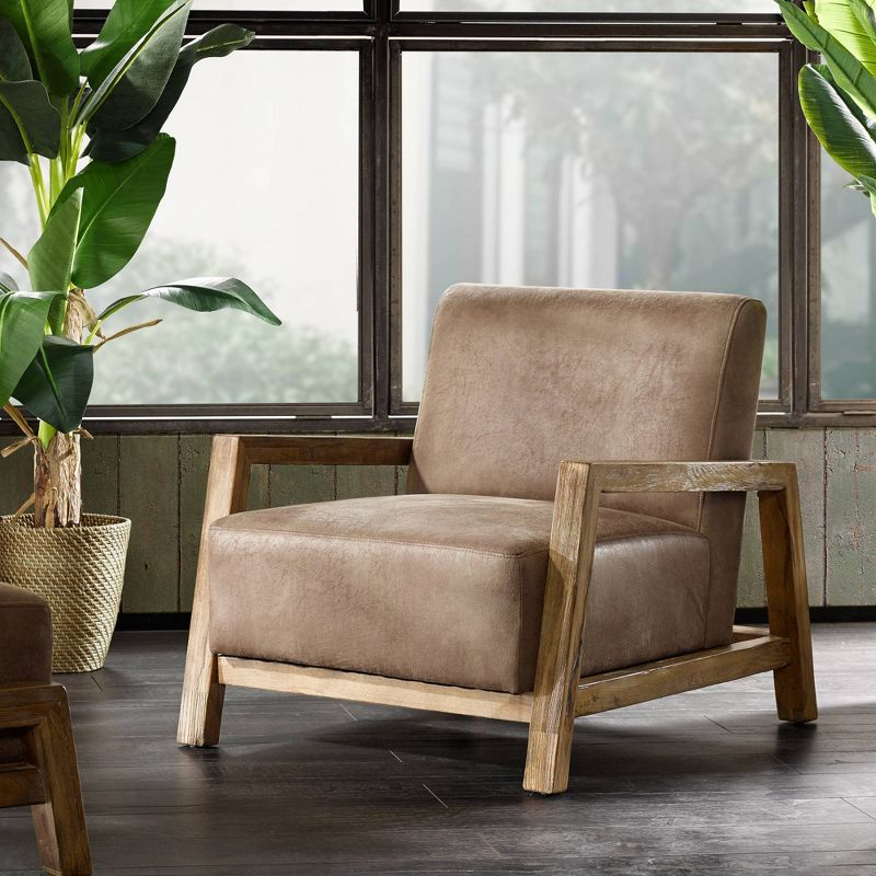 Easton Accent Chair Taupe/Natural: Solid Wood Arms, Reclaimed Finish, Polyurethane Leather
