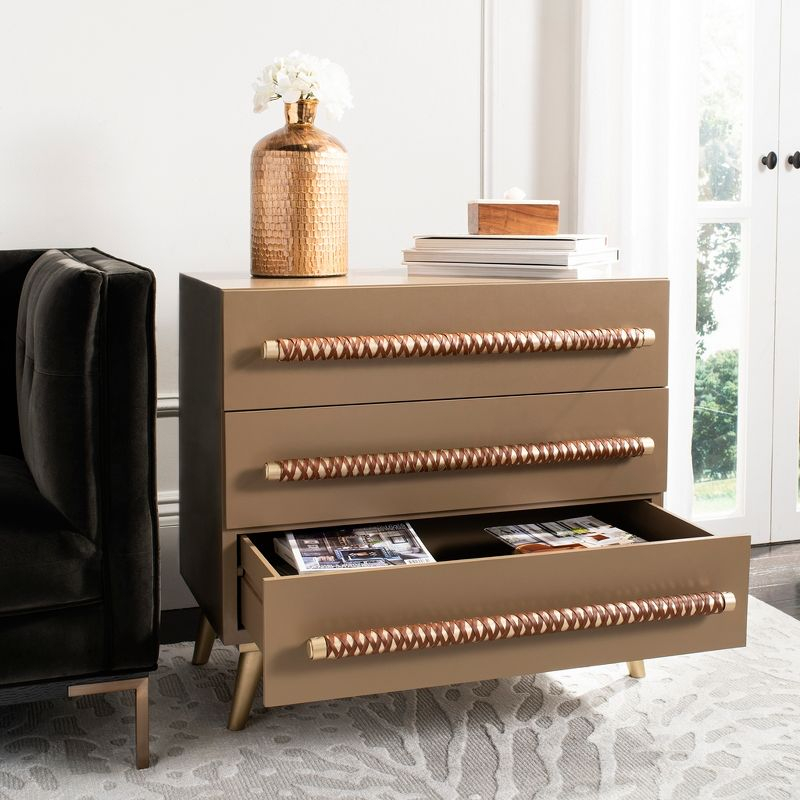 Raquel 3 Drawer Chest - Taupe/Gold/Brown Faux Leather - Safavieh.