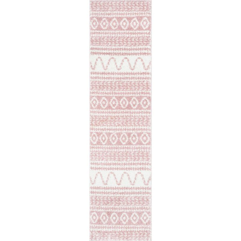 Well Woven Diamond Stripes Shag Blush Cozy 1" Thick 2'7" x 9'10" Runner Pink Area Rug