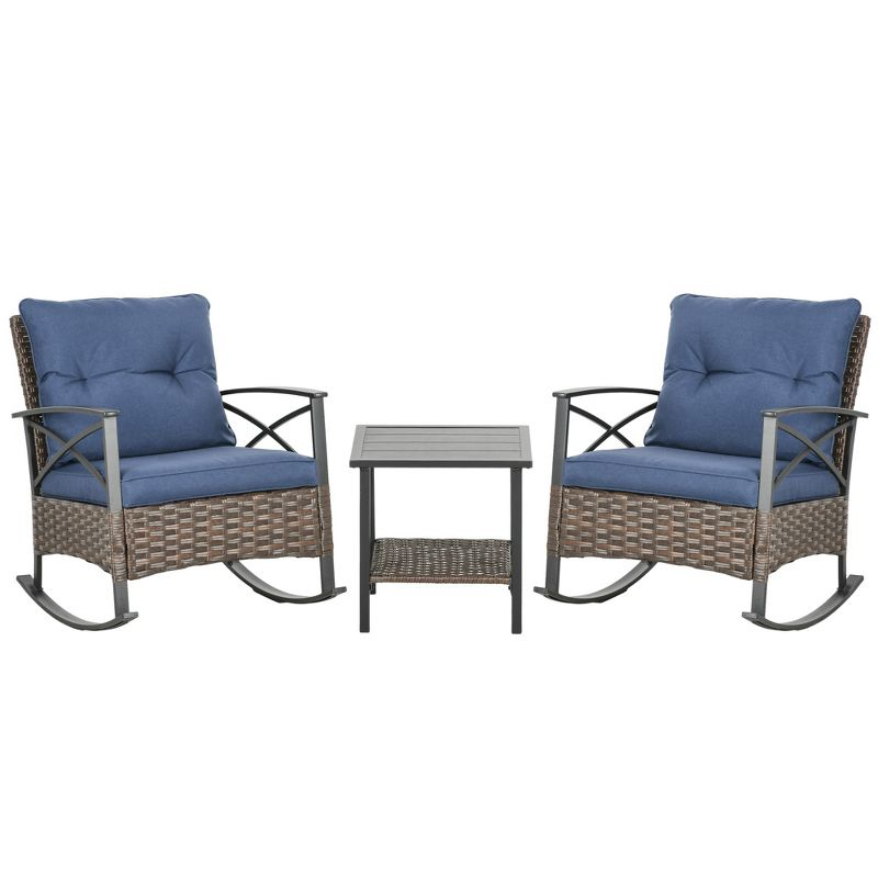 Outsunny 3 Piece Rocking Chair Bistro Set, Outdoor Wicker Porch Conversation Set with 2 Rockers, Table, Tufted Cushions for Garden, Dark Blue
