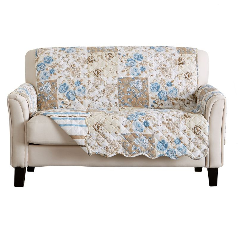 Great Bay Home Floral Patchwork Reversible Furniture Protector  (Loveseat, Taupe / Blue)