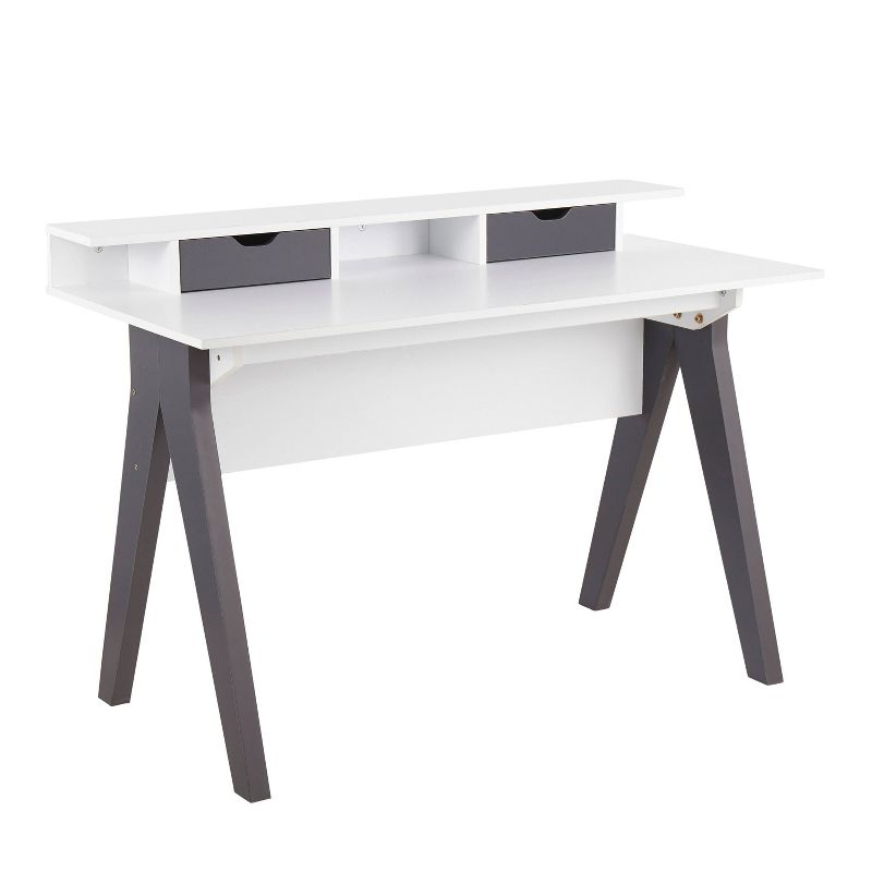 LumiSource Wishbone Contemporary Computer Desk Wood Gray/White:: Mid-Century Modern Office Workstation with Storage Drawer & Shelf