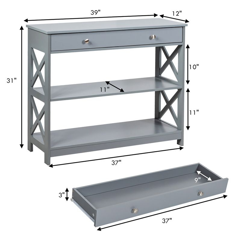 Costway 3-Tier Console Table X-Design Sofa Entryway Table with Drawer & Shelves Gray