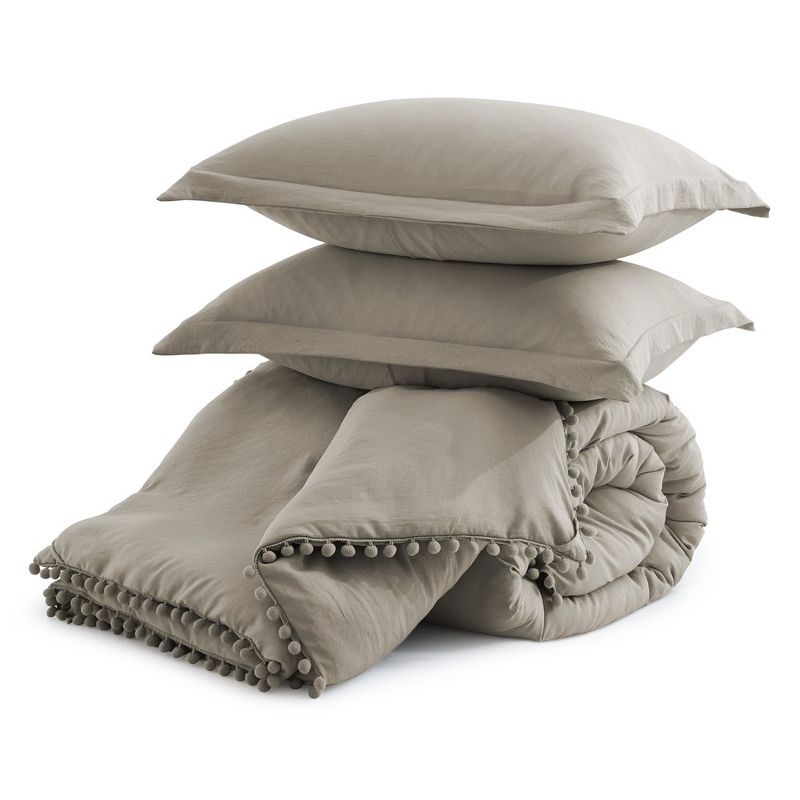 Peace Nest All Season Ball Pom Design Comforter Set with Pillowcases, Pom Pom Fringe Bedding Set, Khaki, Twin