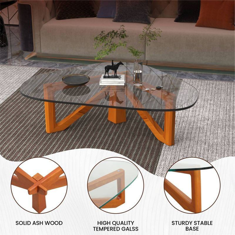 LeisureMod Imperial Collection Triangular Glass Top Coffee Table with Glossy Ash Wood Base for Home, Living Room, Office