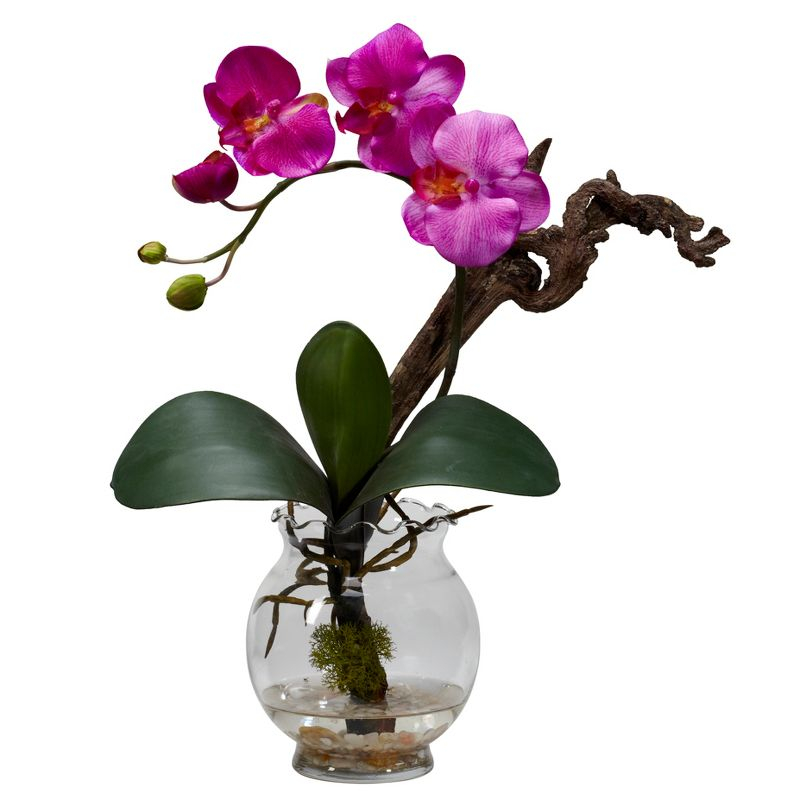 Nearly Natural Mini Phalaenopsis with Fluted Vase Silk Flower Arrangement, Purple
