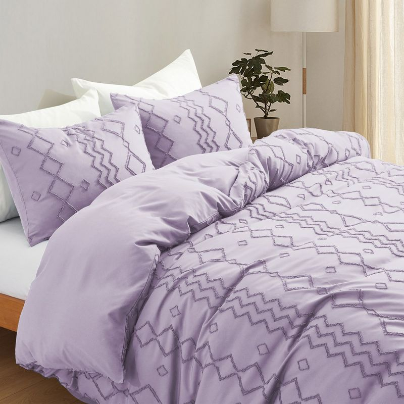 Peace Nest Tufted Clipped Jacquard Geometric Duvet Cover & Pillowcase Set, Diamonds Purple, Twin, 68"x90"