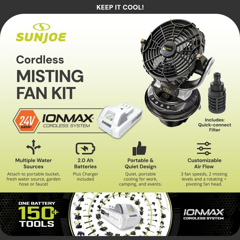 Sun Joe 24 Volt IONMAX Cordless Misting Fan Kit, Indoor or Outdoor, with 6 Gallon Portable Bucket, 60 Square Foot Coverage, 2.0-AH Battery and