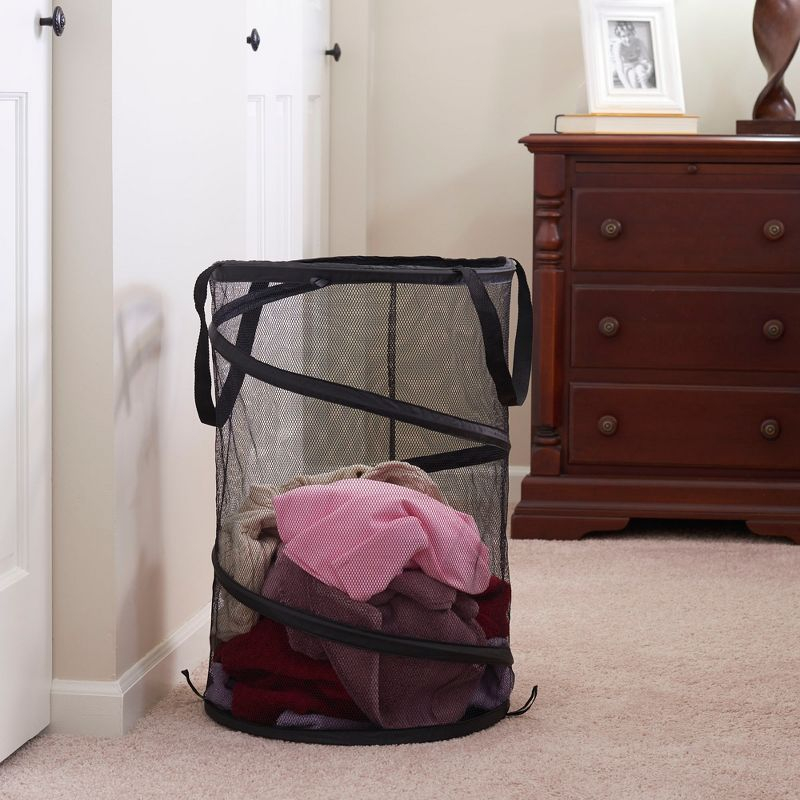 Pop-Up Mesh Laundry Hamper, Springform Steel Frame, Mesh Lining for Air Circulation, Large Capacity, Easy Set-Up, Compact Storage, Black