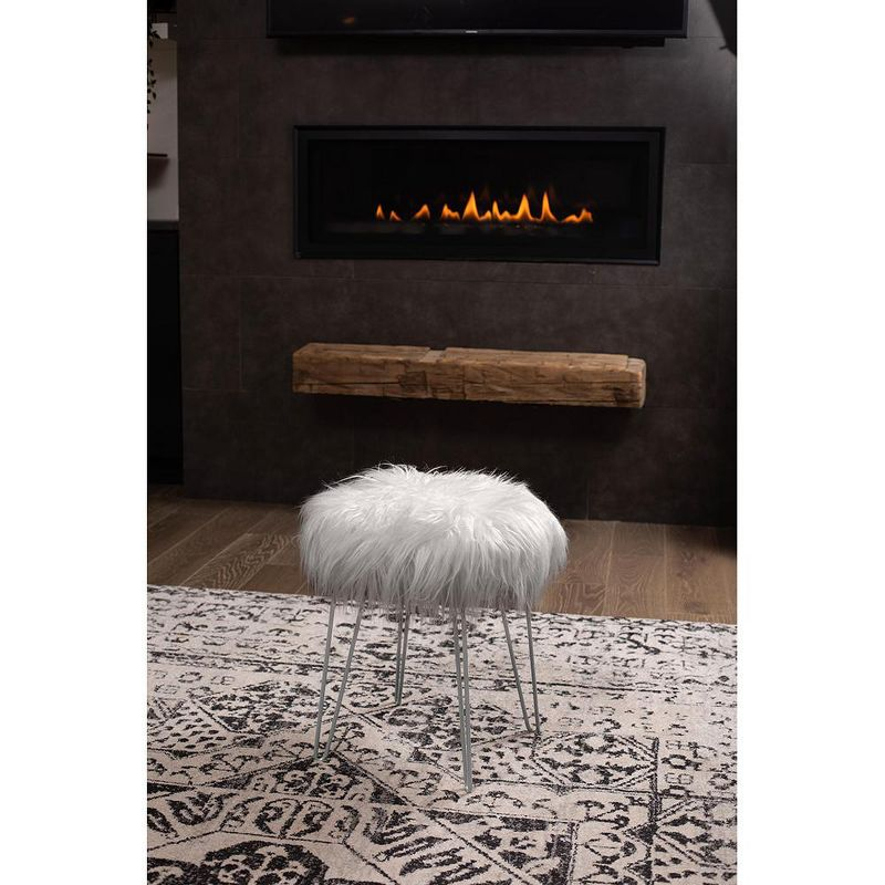 BirdRock Home Round Faux Fur Foot Stool Ottoman - Grey with Silver Legs