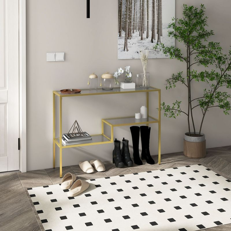 HOMCOM Gold Console Table, 39" Tempered Glass Behind Sofa Table, Narrow Entryway Table with Storage Shelves, Steel Frame Glass Table