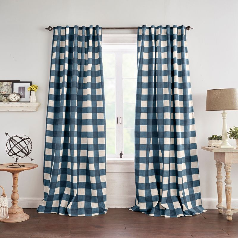 Grainger Buffalo Check Lined Room Darkening Single Window Curtain Panel - 52" x 95" - Indigo - Elrene Home Fashions