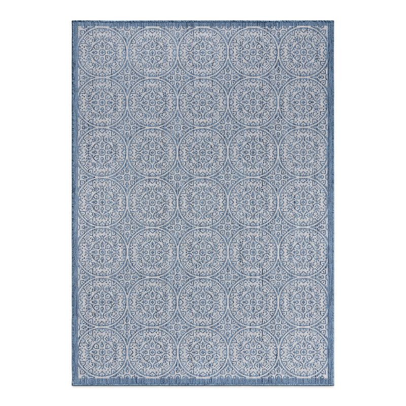 World Rug Gallery Transitional Floral Circles Textured Flat Weave Indoor/Outdoor Area Rug - BLUE 5' X 7'