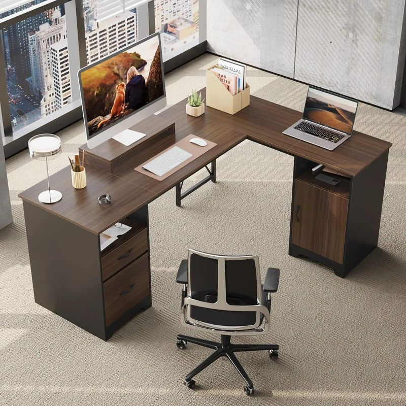 Bestier L Shaped Desk with Drawers 63" Office Computer Desk with Monitor Stand, Gray Wash