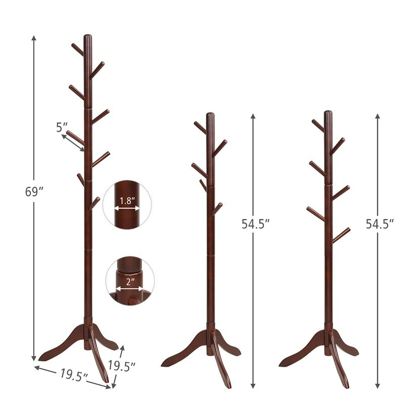 Costway Wooden Coat Rack Stand Entryway Hall Tree 2 Adjustable Height w/ 8 Hooks Brown