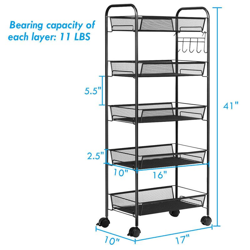 Costway 5 Tier Storage Rack Trolley Cart Home Kitchen Organizer Utility Baskets Black