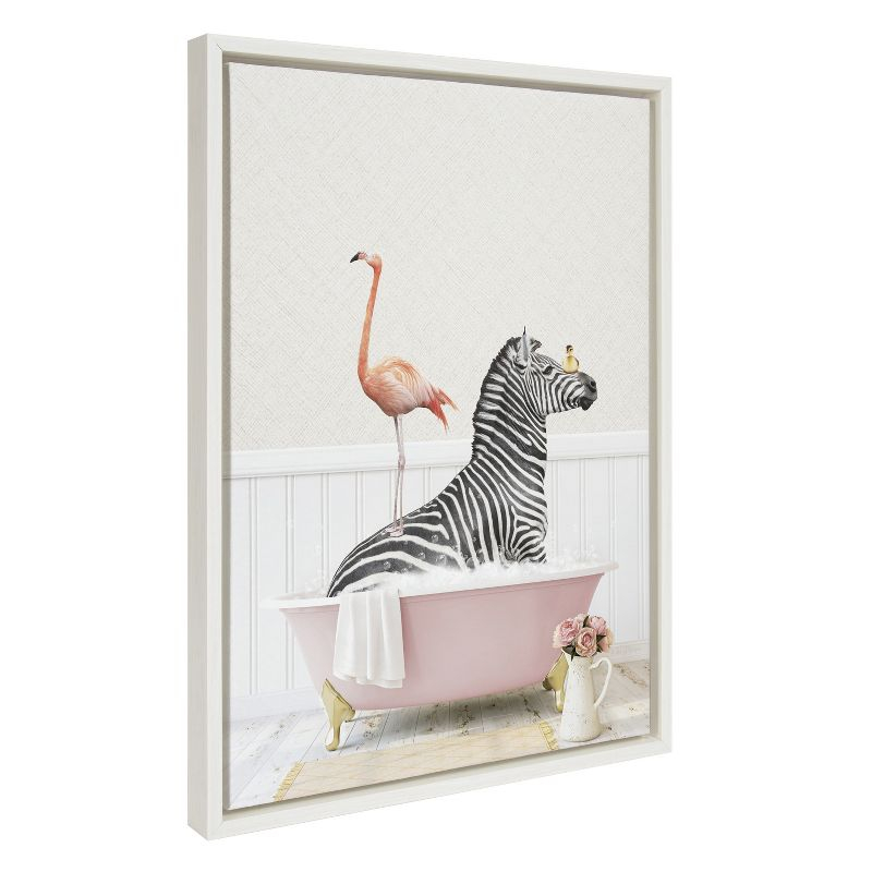 Kate and Laurel Sylvie Zebra and Flamingo in Cottage Rose Bath Framed Canvas by Amy Peterson Art Studio, 18x24, White