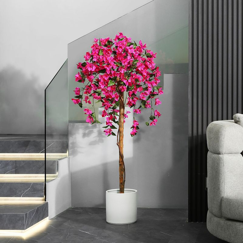 5FT Artificial Bougainvillea Tree Potted Fake Plant with Wood Trunk and Pink Flowers for Indoor Office Wedding Home Decor