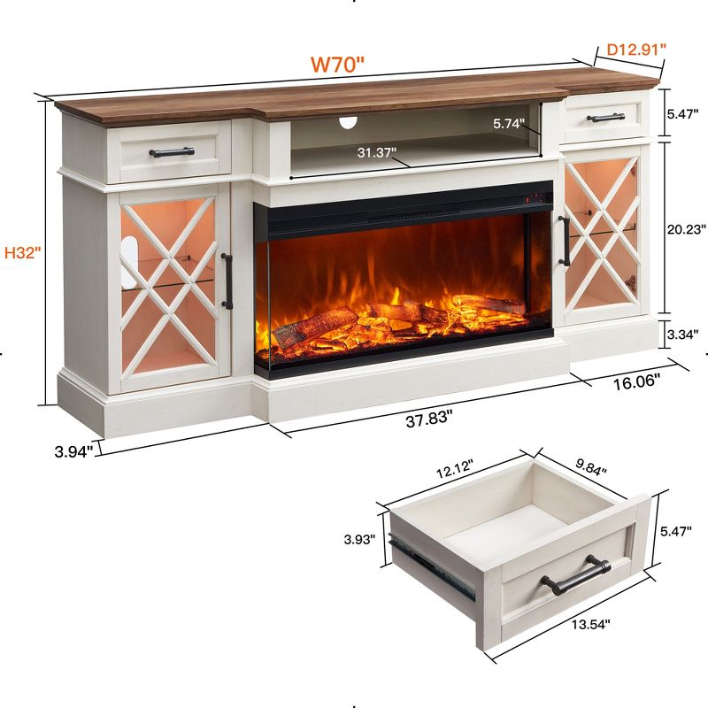 OKD 70" Farmhouse TV Stand w/Electric Fireplace & Glass Door Storage Cabinet, Antique White